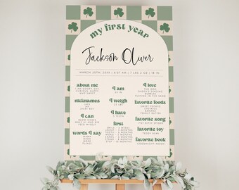 Plantilla de hito del primer año de Lucky One, primer cumpleaños del Día de San Patricio, póster de hito del primer cumpleaños de Clover, favoritos del primer año