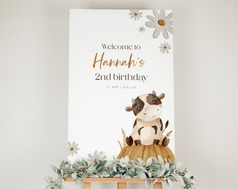 Cow Welcome Sign Template, Farm Birthday Welcome Sign, Moo Moo I'm Two Party, Cow Baby Shower Easel Sign, Girl Birthday Party Decor, M1