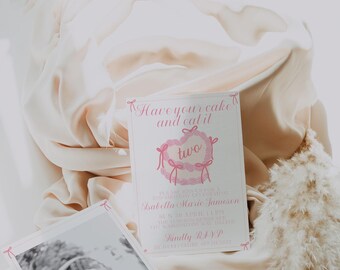 Plantilla de invitación para segundo cumpleaños, pastel retro rosa, pastel vintage rosa, invitación de descarga instantánea para segundo cumpleaños, C5