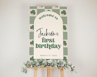 Plantilla de letrero de bienvenida para el primer cumpleaños de Lucky One, fiesta de cumpleaños de San Patricio, decoración de cumpleaños con trébol de cuatro hojas, letrero de caballete a cuadros