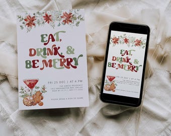Eat, Drink, & Be Merry Invitation Template, Holiday Party Invitation, Digital Christmas Invite, Christmas Cocktail Party, Printable Invite