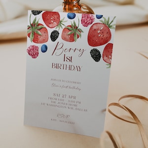 Berry Birthday Invitation Template, 1st Birthday Invitation, First Birthday Invite, Strawberry Invitation, Girl Birthday, Summer Birthday