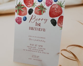 Berry Birthday Invitation Template, 1st Birthday Invitation, First Birthday Invite, Strawberry Invitation, Girl Birthday, Summer Birthday