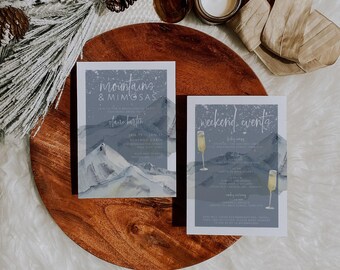 Könnte beinhalten: Zwei Karten mit einer Aquarell-Bergszene und Text. Die erste Karte sagt "Berge & Mimosas" und die zweite Karte sagt "Wochenend-Events".