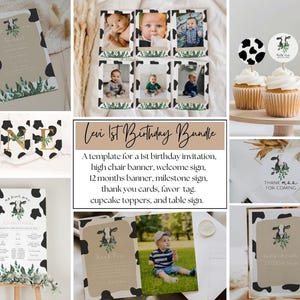 LEVI Holy Cow, I&#39;m One! Birthday Bundle, 1st Birthday Printable, Cow Party Bundle, Farm Birthday, Editable Birthday Decor, Boy Birthday