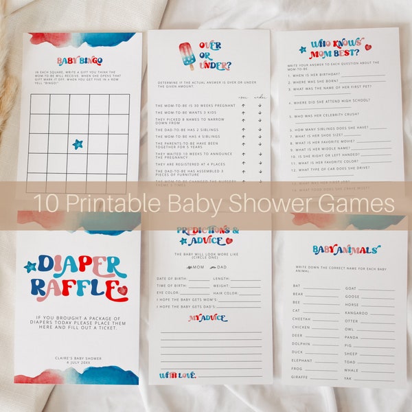 4th of July Baby Shower Game Bundle, Summer Baby Shower, Printable Baby Shower Game, Fourth of July Diaper Raffle, Red White and Due