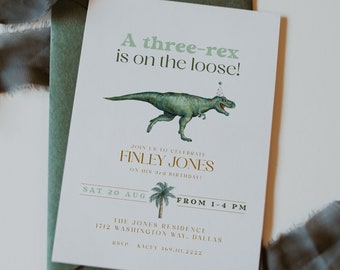 Dinosaur 3rd Birthday Invitation Template, Three-Rex Birthday Invitation, Boy Birthday Invitation, Third Birthday Invite, T-Rex Party