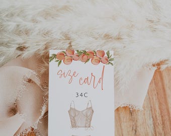 Plantilla de tarjeta de tallas de lencería Peaches, tarjeta de lencería de novia, tarjeta de tallas de ropa interior, despedida de soltera de verano, tarjeta de invitación para despedida de soltera