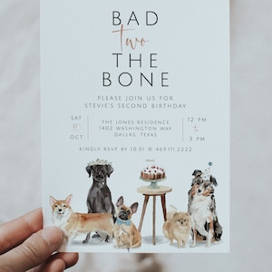 Dog 2nd Birthday Invitation Template, Second Birthday Dog Party, Dog Pawty Printable Invite, Bad Two the Bone, Pet Party Instant Download image 2