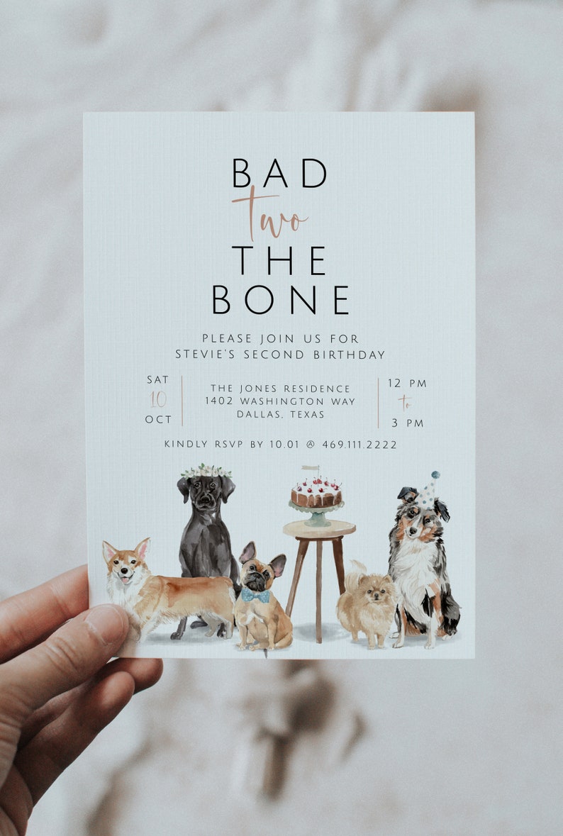 Dog 2nd Birthday Invitation Template, Second Birthday Dog Party, Dog Pawty Printable Invite, Bad Two the Bone, Pet Party Instant Download image 2