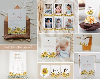 Paquete de cumpleaños "Primer cumpleaños de abeja", descarga imprimible para el primer cumpleaños, paquete de fiesta de cumpleaños de abeja, decoración para el primer cumpleaños, cumpleaños de niña de verano