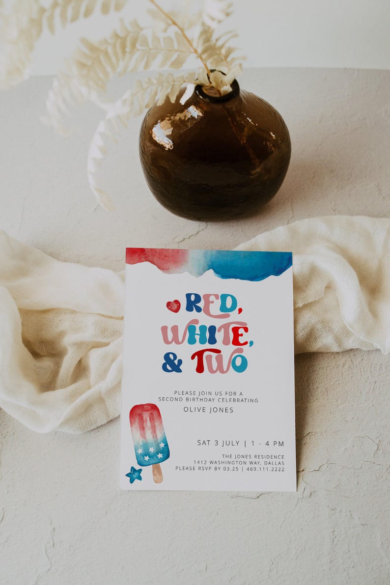 4th of July 2nd Birthday Invitation Template, Second Birthday Invite, Red White and Two Birthday, Fourth of July Birthday, Summer Birthday image 3
