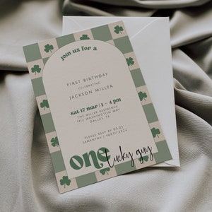 Lucky One 1st Birthday Invitation Template, St. Patrick's First Birthday, March Birthday Invite, One Lucky Guy, Checkered Invitation image 2