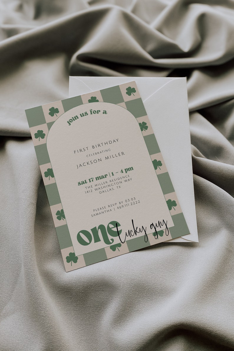 Lucky One 1st Birthday Invitation Template, St. Patrick's First Birthday, March Birthday Invite, One Lucky Guy, Checkered Invitation image 2