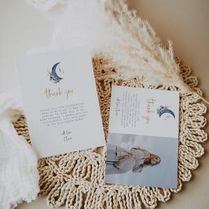 Sjabloon maanbedankkaart, babyshower bedankt, boho babyshower, bedankt met foto, hemelse babyshower, maan en sterren verjaardag