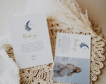 Mall för tackkort med månen, tackkort för babyshower, boho babyshower, tackkort med foto, himmelsk babyshower, måne- och stjärnfödelsedag