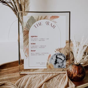 Modèle de menu de boissons disco bohème LOLA, enseigne de boisson de mariage, enseigne de boisson signature, mariage rétro, menu de bar, mariage à Palm Springs, fleurs séchées