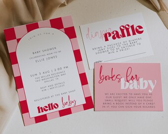 Plantilla de invitación para baby shower a cuadros de CHERYL, baby shower en rojo cereza, invitación Oh Baby, invitación a cuadros para baby shower, rosa y rojo