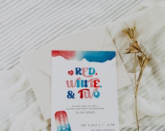 4th of July 2nd Birthday Invitation Template, Second Birthday Invite, Red White and Two Birthday, Fourth of July Birthday, Summer Birthday
