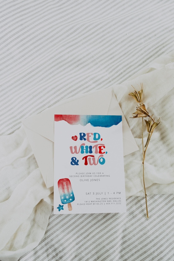 4th of July 2nd Birthday Invitation Template, Second Birthday Invite, Red White and Two Birthday, Fourth of July Birthday, Summer Birthday