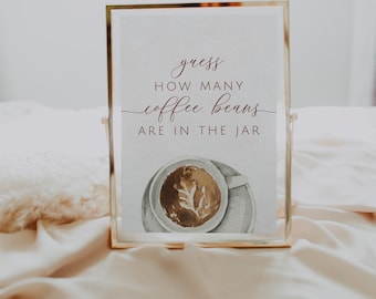 Letrero imprimible "Adivina cuántos granos de café hay", Despedida de soltera con café, Despedida de soltera con desayuno, Juego imprimible para despedida de soltera, El amor se está gestando, B3