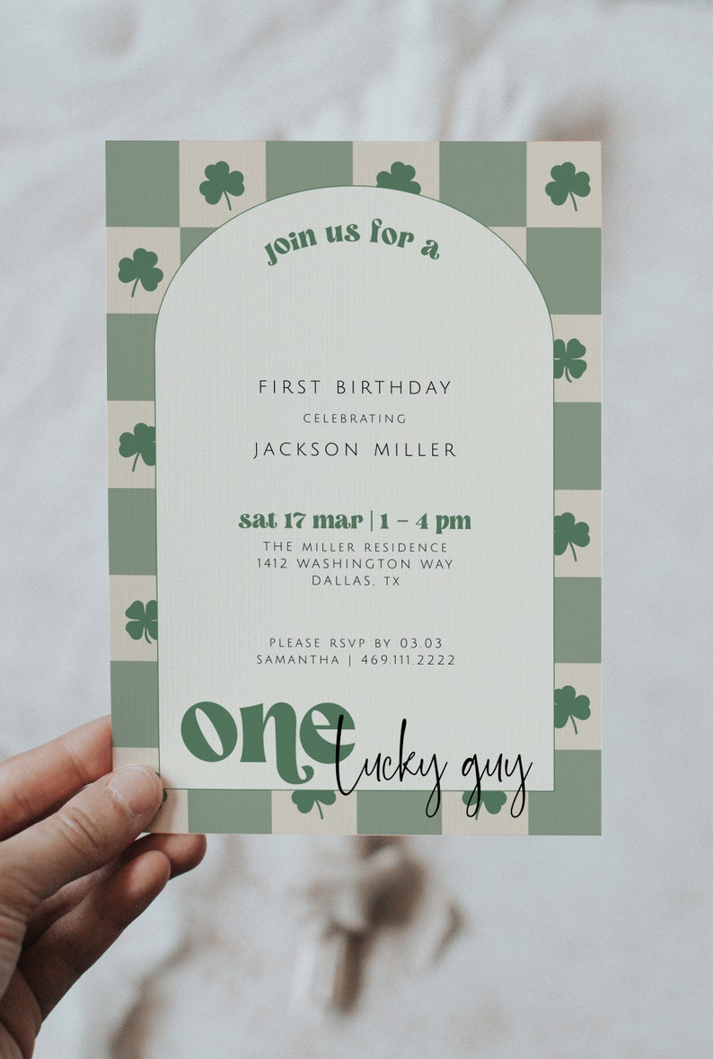 Lucky One 1st Birthday Invitation Template, St. Patrick's First Birthday, March Birthday Invite, One Lucky Guy, Checkered Invitation image 3