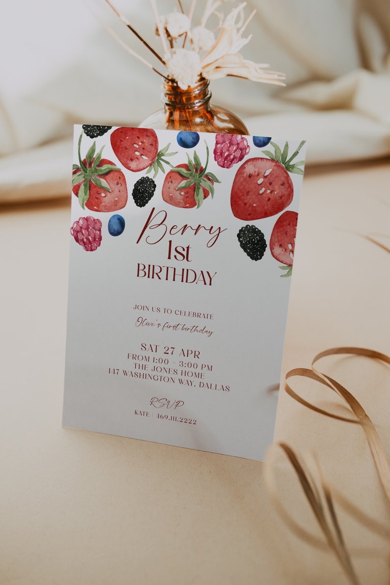 Berry First Birthday Bundle, 1st Birthday Printable Download, Berry Party Bundle, First Birthday Decor, Summer Girl Birthday, Sunflower Bday image 2