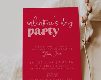 Plantilla de invitación para el día de San Valentín con cerezas de CHERYL, invitación para el día de San Valentín en rojo carmesí, día de Galentine, descarga digital del día de San Valentín
