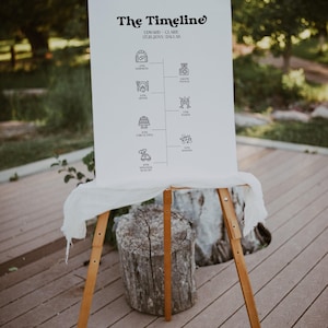 DONNA レトロウェディングタイムラインサインテンプレート、ウェディングイベントの順序、70年代ウェディングデコレーションメニュー、カスタムタイムラインサイン、モダンウェディングサイン、