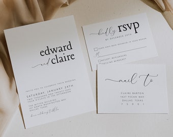 HENRY Minimal Wedding Invitation Suite Template, Invitation de mariage moderne, Invitation de mariage avec RSVP, Téléchargement numérique de mariage simple