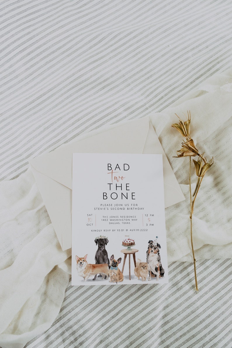 Dog 2nd Birthday Invitation Template, Second Birthday Dog Party, Dog Pawty Printable Invite, Bad Two the Bone, Pet Party Instant Download image 1