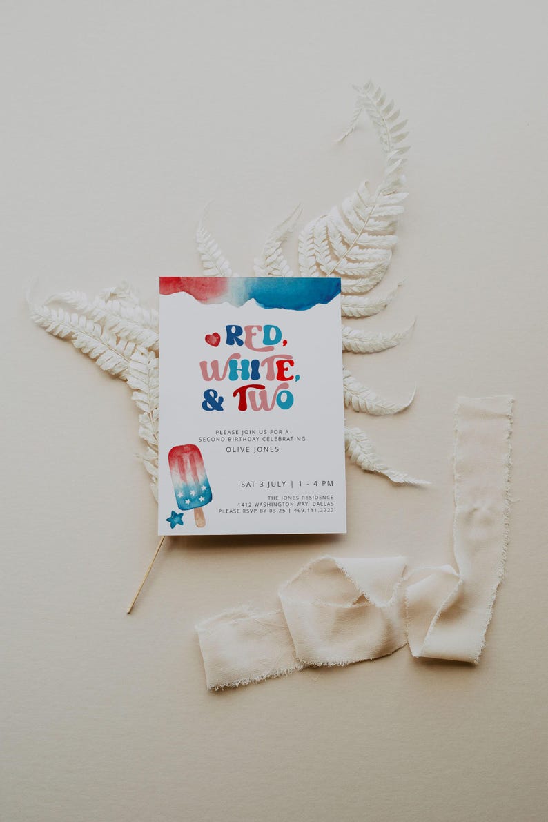 4th of July 2nd Birthday Invitation Template, Second Birthday Invite, Red White and Two Birthday, Fourth of July Birthday, Summer Birthday image 2