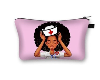 Pink Nurse Cosmetics Bag, Makeup, Cosmetics Bag, Toiletries Pouch, Reusable Sandwich Bag, Water Proof Polyester, Printed on both sides.