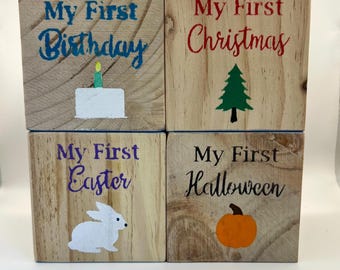 Handgemaakt mijlpaalblok voor babyvakanties met blauw - fotorekwisiet voor eerste verjaardag, Kerstmis, Pasen en Halloween
