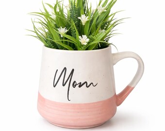 Mom mok plantenbak met kunstplant | Moederdagcadeau | Roze keramisch koffiekopdecor | Bureau- of koffiebaraccent