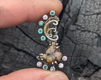 Fire Agate Wire Wrapped Pendant with Emerald Pink Sapphire in Sterling Silver 14k Gold Statement Necklace by JMJ Jewelry Design