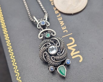 Aquamarine Wire Wrapped Pendant with Emerald birthstone accents Necklace Crystal Wire Wrap Sterling Silver by JMJ Jewelry Design