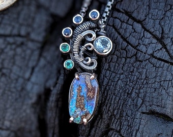 Boulder Opal and Sapphire Wire Wrapped Pendant Necklace by JMJ Jewelry Design