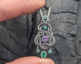 Amethyst and Emerald Wire Wrapped Pendant Heady Necklace Birthstone For Her For Him Jewelry by JMJ Jewelry Design