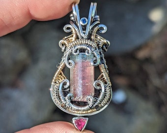 Raw Pink Tourmaline Bicolor Tourmaline with blue + Blue Sapphire 14k Gold Sterling Silver Wire Wrapped Pendant by JMJ Jewelry Design