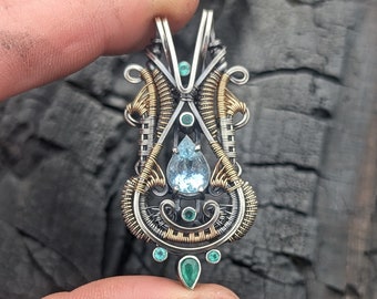 Aquamarine Birthstone Wire Wrap Pendant with Emeralds Wire Wrap Jewelry by JMJ Jewelry Design
