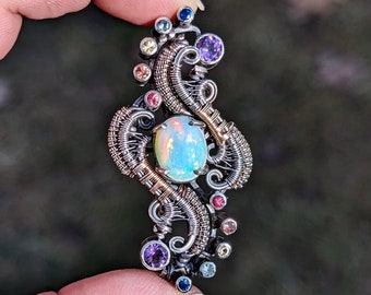 Opal Full Chakra Crystal Sterling Silver & 14k Gold Wire Wrap Pendant, Bold Crystal Statement Necklace by JMJ Jewelry Design