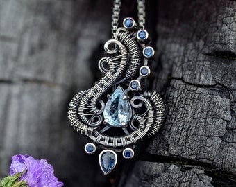 Aquamarine Heady Wire Wrapped Pendant with Sapphires by JMJ Jewelry Design