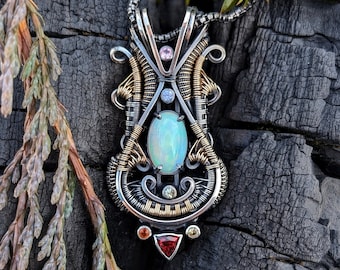 Wire Wrapped Opal Pendant with Sapphires in Sterling Silver & 14k Gold by JMJ Jewelry Design