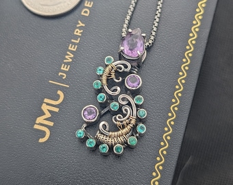 Natural Amethyst Wire Wrapped Pendant with Emeralds in Sterling Silver 14k Gold handmade by JMJ Jewelry Design