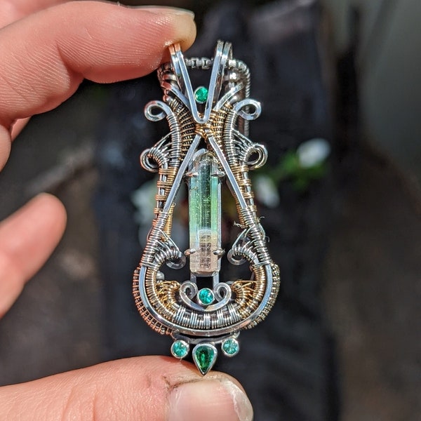 Green Tourmaline and Emerald Wire Wrap - JMJ Jewelry Design - Raw Crystal Necklace