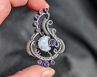 Moonstone Heady Wire Wrapped Pendant, Amethyst Necklace by JMJ Jewelry Design