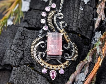 Pink Tourmaline with Pink Sapphires Wire Wrapped Pendant in Sterling Silver and 14k Gold, Heady Wire Wrap Jewelry - JMJ Jewelry Design