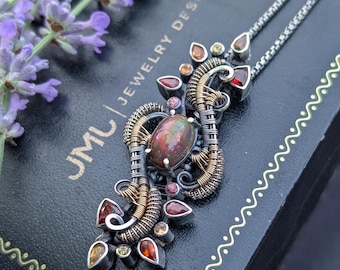 Feueropal Anhänger, Saphir Granat, Sterling Silber Gold Wire Wrapped Halskette