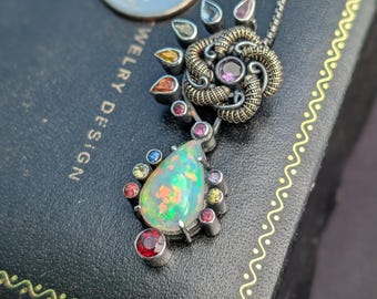 Opal Draht Gewickelt Anhänger, Saphir Sterling Silber Kinetischer Schmuck
